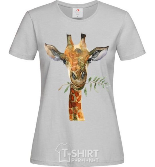 Women's T-shirt A giraffe with a sprig of paint grey фото