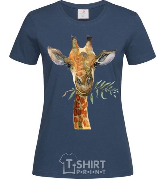 Women's T-shirt A giraffe with a sprig of paint navy-blue фото