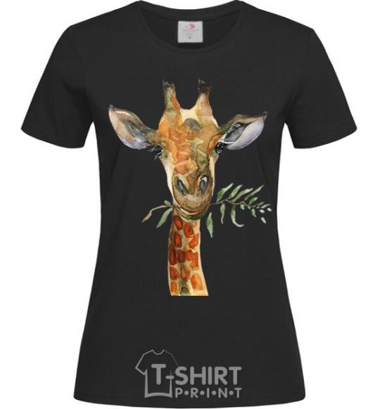 Women's T-shirt A giraffe with a sprig of paint black фото