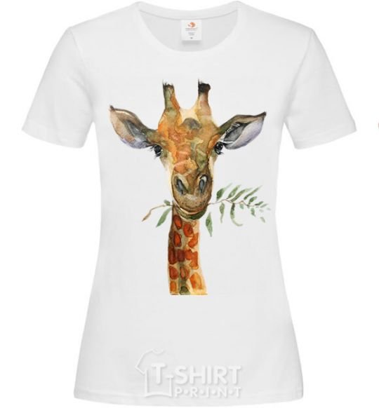 Women's T-shirt A giraffe with a sprig of paint White фото
