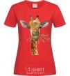 Women's T-shirt A giraffe with a sprig of paint red фото