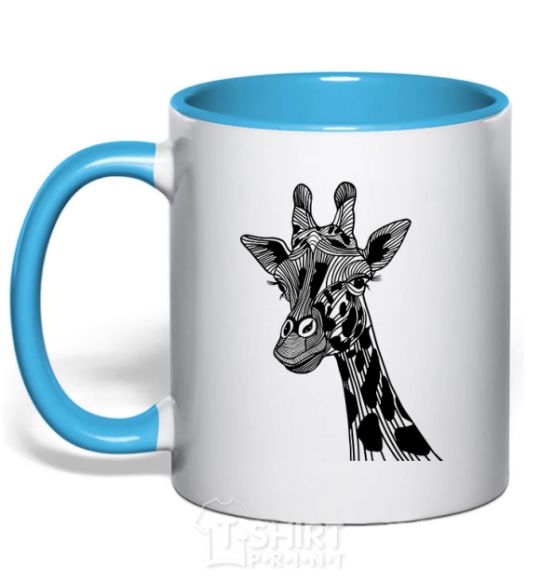 Mug with a colored handle Giraffe long eyelashes sky-blue фото