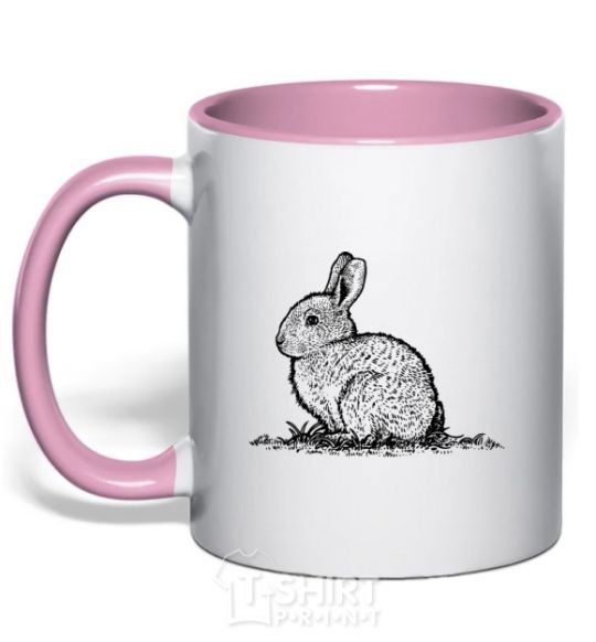Mug with a colored handle Rabbit strokes light-pink фото