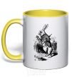 Mug with a colored handle A rabbit with a clock yellow фото