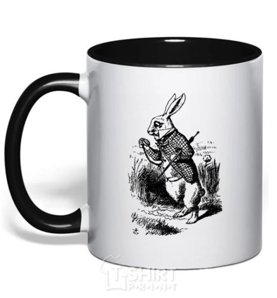 Mug with a colored handle A rabbit with a clock black фото