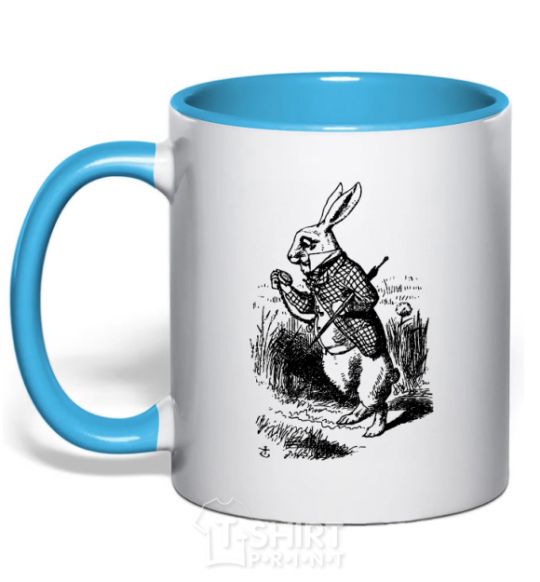 Mug with a colored handle A rabbit with a clock sky-blue фото