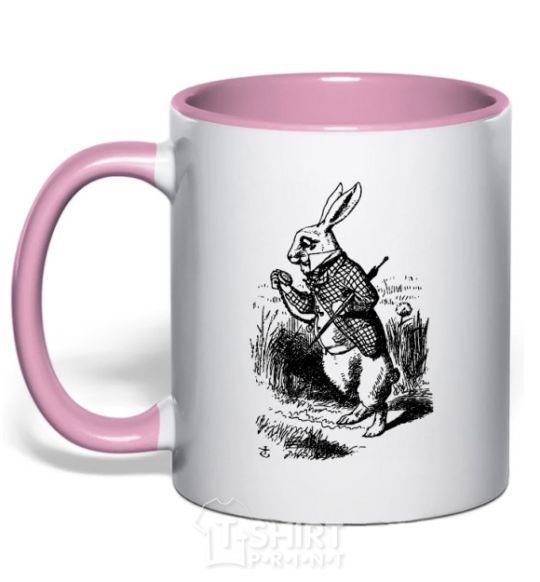 Mug with a colored handle A rabbit with a clock light-pink фото