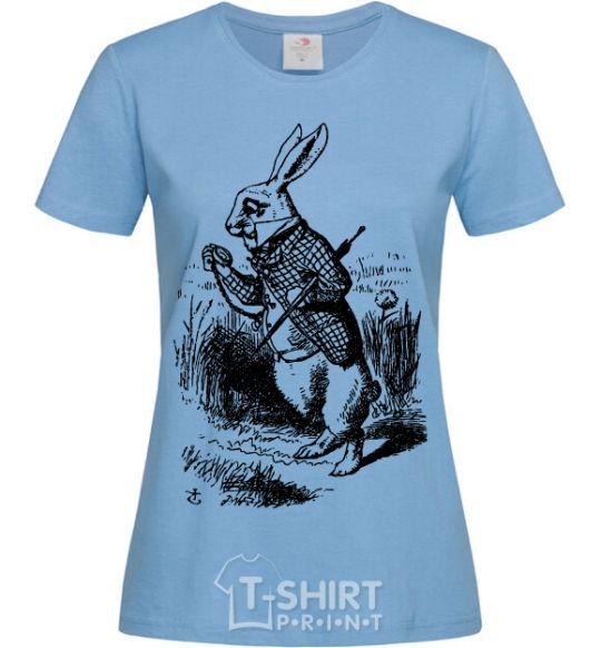 Women's T-shirt A rabbit with a clock sky-blue фото