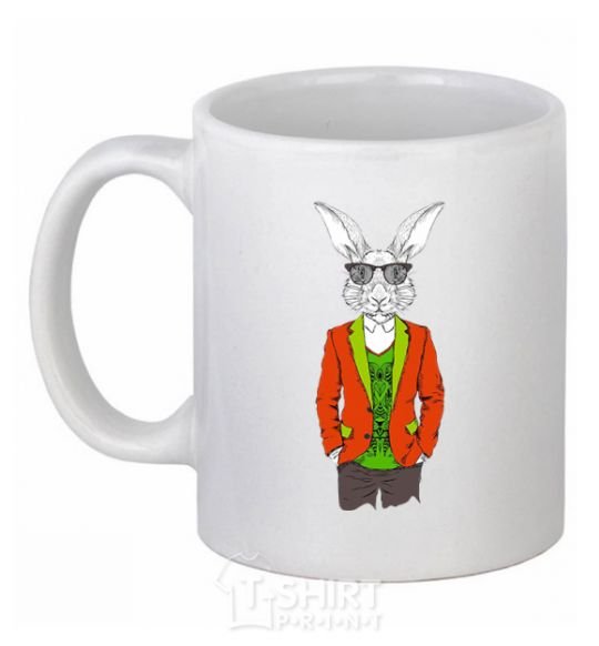 Ceramic mug A rabbit in a red jacket White фото