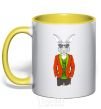 Mug with a colored handle A rabbit in a red jacket yellow фото