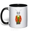 Mug with a colored handle A rabbit in a red jacket black фото