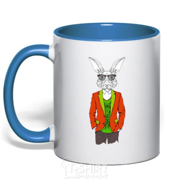 Mug with a colored handle A rabbit in a red jacket royal-blue фото