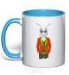 Mug with a colored handle A rabbit in a red jacket sky-blue фото