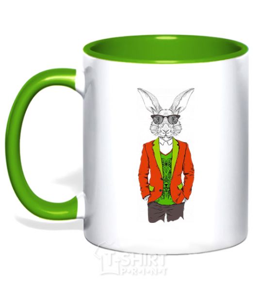 Mug with a colored handle A rabbit in a red jacket kelly-green фото