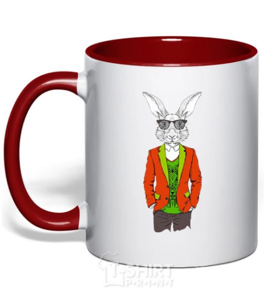 Mug with a colored handle A rabbit in a red jacket red фото