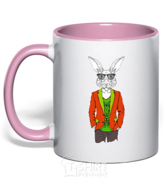 Mug with a colored handle A rabbit in a red jacket light-pink фото