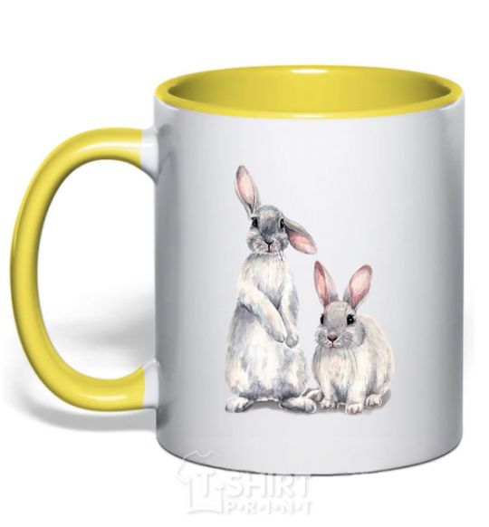 Mug with a colored handle Watercolor bunnies yellow фото