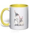 Mug with a colored handle Watercolor bunnies yellow фото