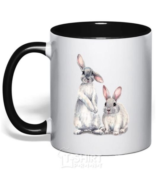 Mug with a colored handle Watercolor bunnies black фото