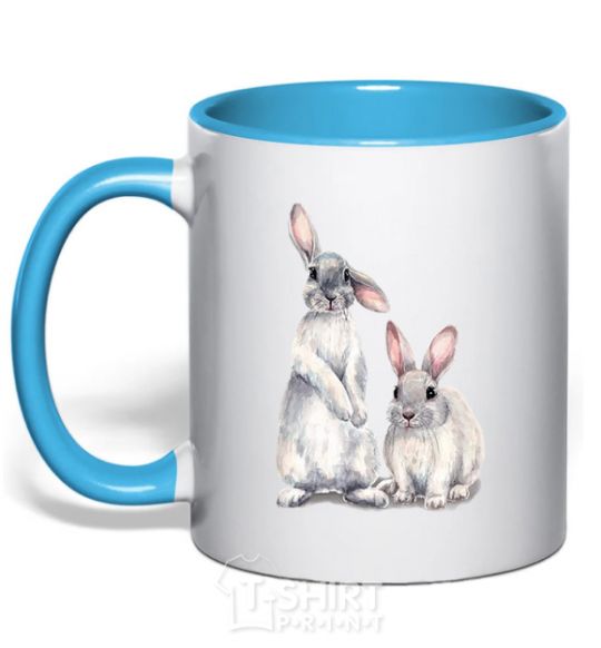 Mug with a colored handle Watercolor bunnies sky-blue фото