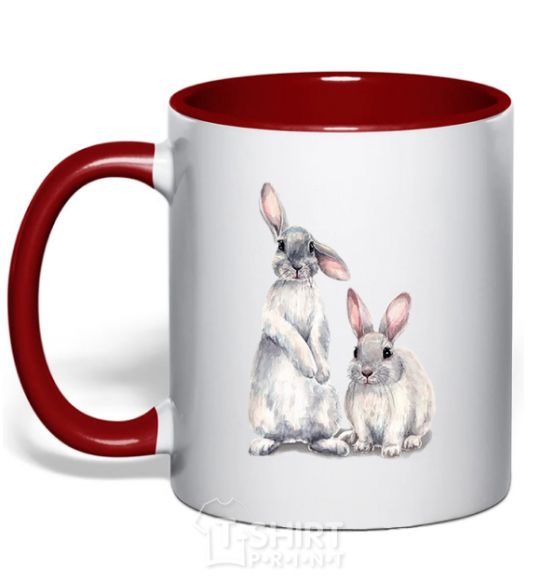 Mug with a colored handle Watercolor bunnies red фото