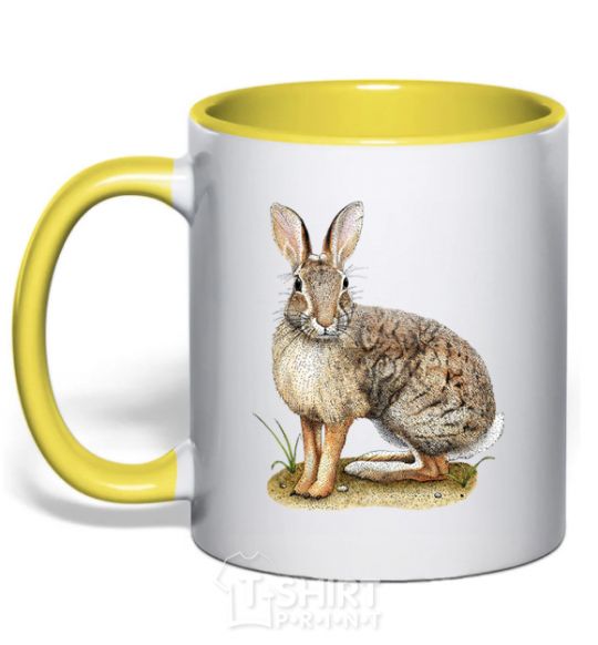 Mug with a colored handle Brush rabbit yellow фото