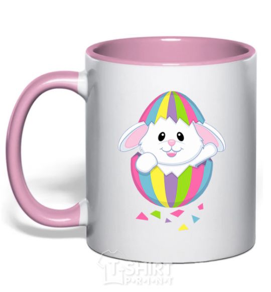Mug with a colored handle A rabbit in an egg light-pink фото