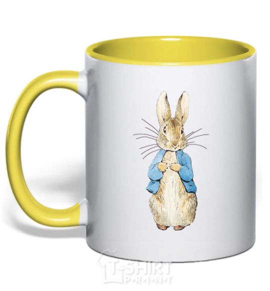 Mug with a colored handle A rabbit in a jacket yellow фото