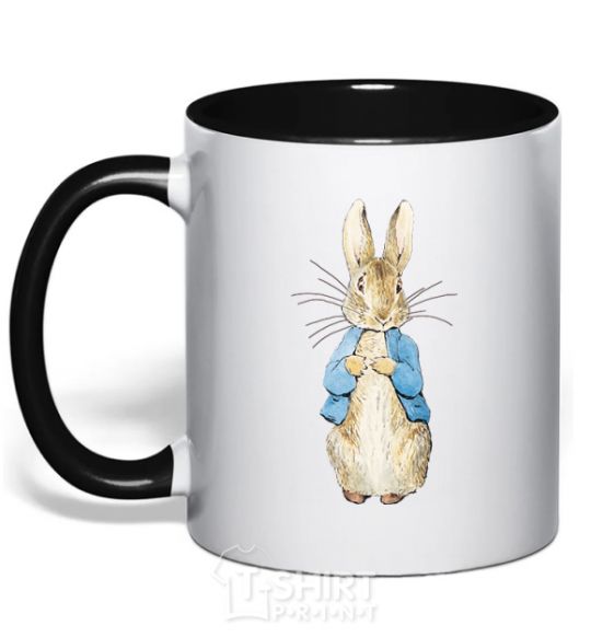 Mug with a colored handle A rabbit in a jacket black фото