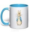 Mug with a colored handle A rabbit in a jacket sky-blue фото