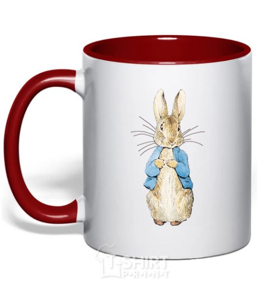 Mug with a colored handle A rabbit in a jacket red фото