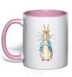 Mug with a colored handle A rabbit in a jacket light-pink фото