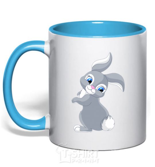 Mug with a colored handle A rabbit with a tail sky-blue фото