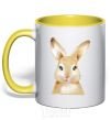 Mug with a colored handle Red rabbit yellow фото