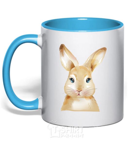 Mug with a colored handle Red rabbit sky-blue фото