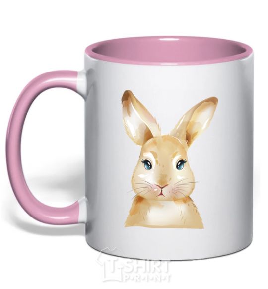 Mug with a colored handle Red rabbit light-pink фото
