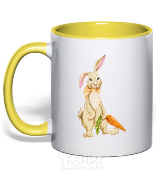 Mug with a colored handle Rabbit and carrots yellow фото