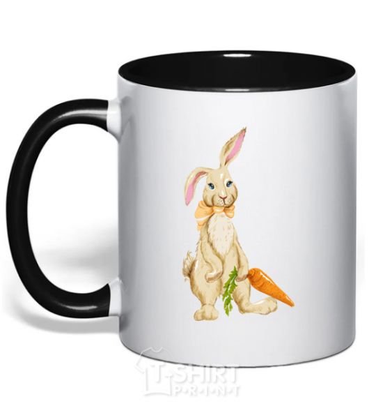 Mug with a colored handle Rabbit and carrots black фото