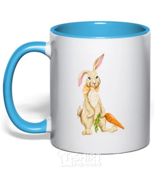 Mug with a colored handle Rabbit and carrots sky-blue фото