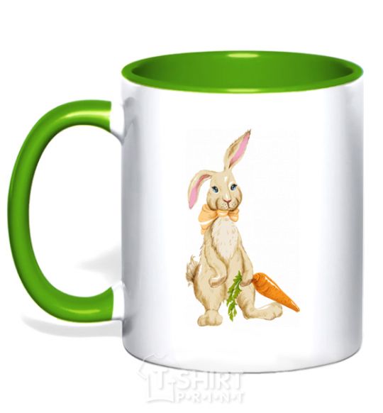 Mug with a colored handle Rabbit and carrots kelly-green фото