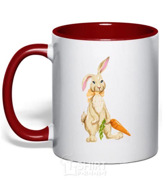 Mug with a colored handle Rabbit and carrots red фото