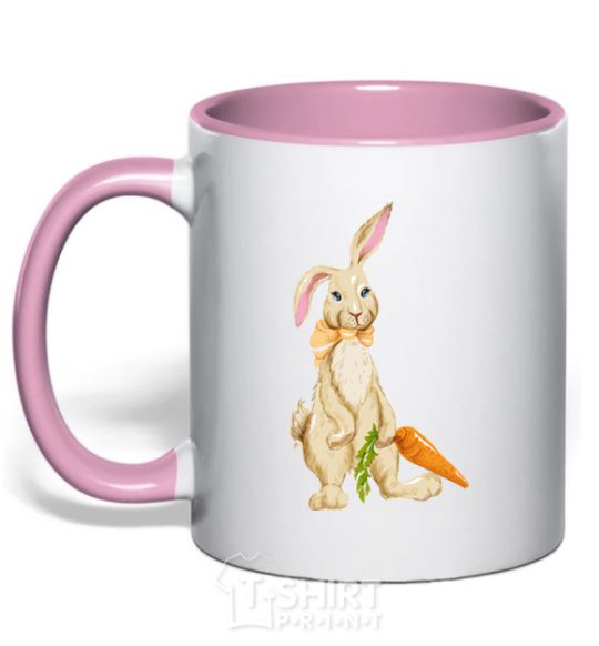 Mug with a colored handle Rabbit and carrots light-pink фото