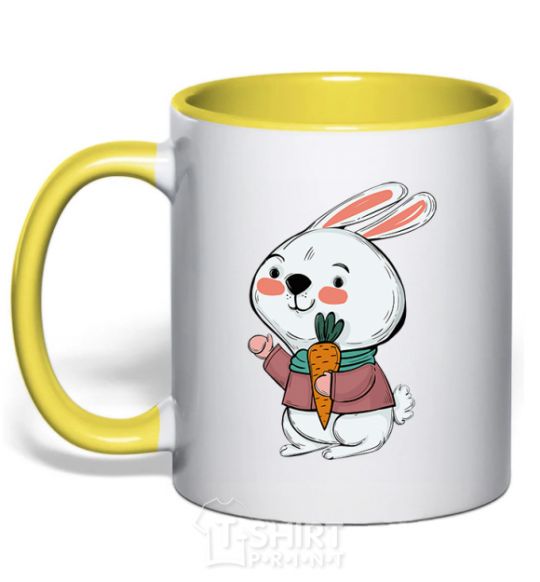 Mug with a colored handle A hare in a turquoise scarf yellow фото