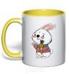 Mug with a colored handle A hare in a turquoise scarf yellow фото