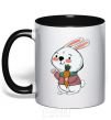 Mug with a colored handle A hare in a turquoise scarf black фото