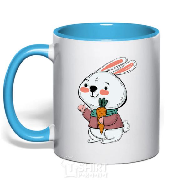 Mug with a colored handle A hare in a turquoise scarf sky-blue фото