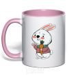 Mug with a colored handle A hare in a turquoise scarf light-pink фото