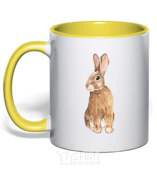 Mug with a colored handle Steppe hare yellow фото