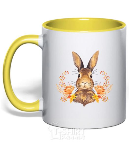 Mug with a colored handle Autumn hare yellow фото