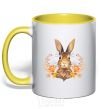 Mug with a colored handle Autumn hare yellow фото
